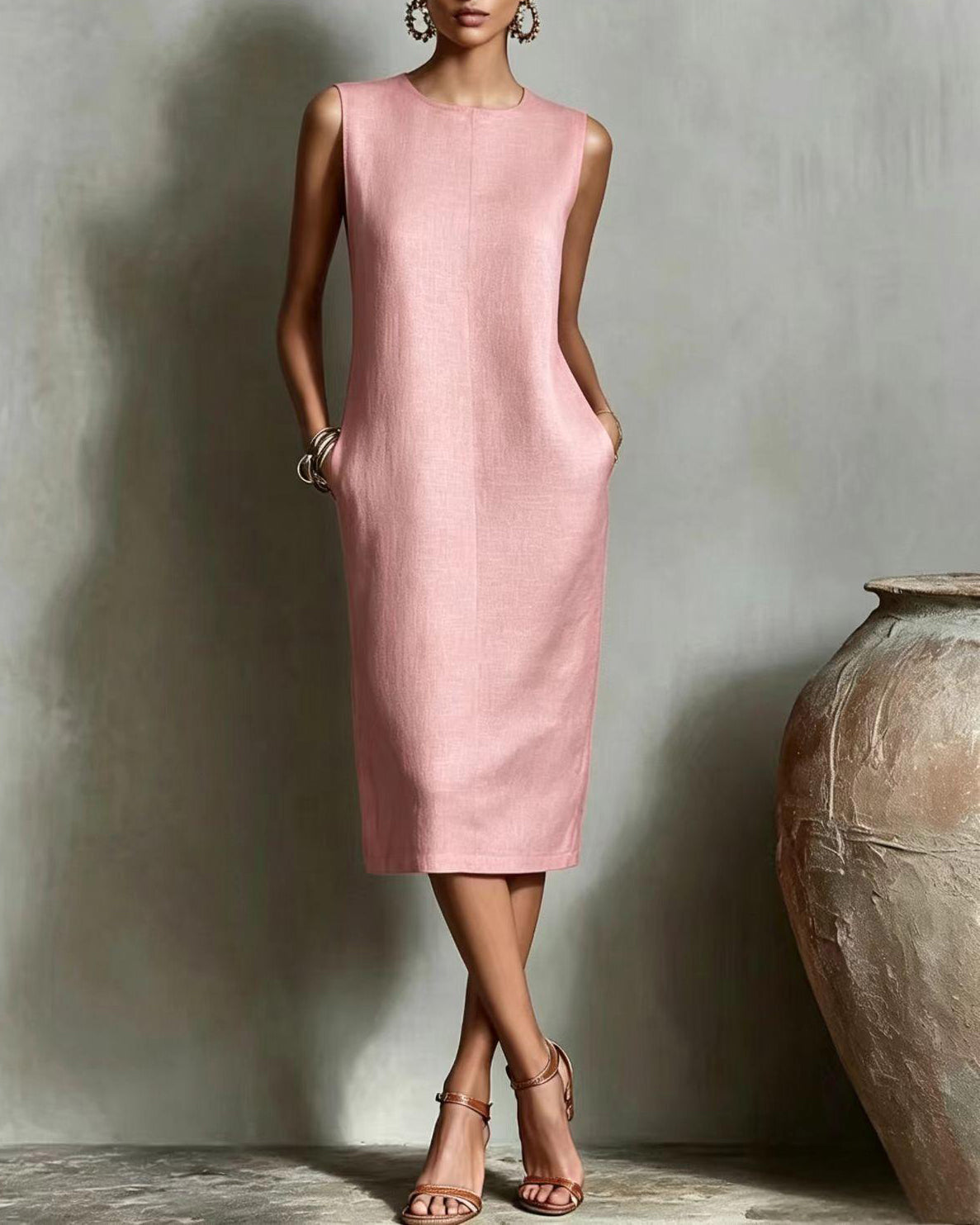 Silk Casual Solid Tailored Sleeveless Midi Dress