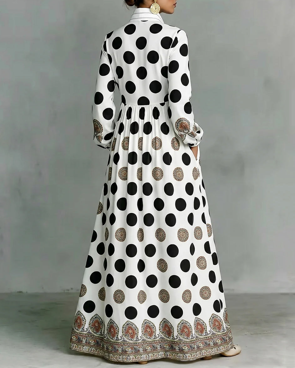 High Waisted Long Sleeves Big Hemline Buttoned Contrast Color Pleated Pockets Polka-Dot Stand Collar Maxi Dresses