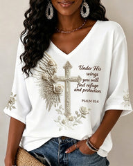 Christian Winged Rose Print V-neck Half Sleeved Loose Top