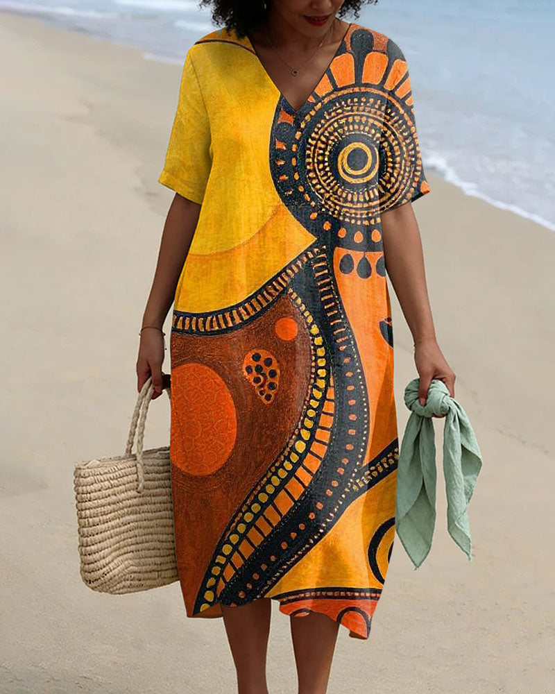 African Geometric Art Print V-neck Casual Cotton and Linen Dress