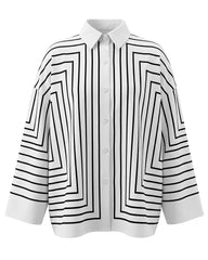 Printed Line Buttoned Loose Long Sleeves Lapel Blouses&Shirts Tops