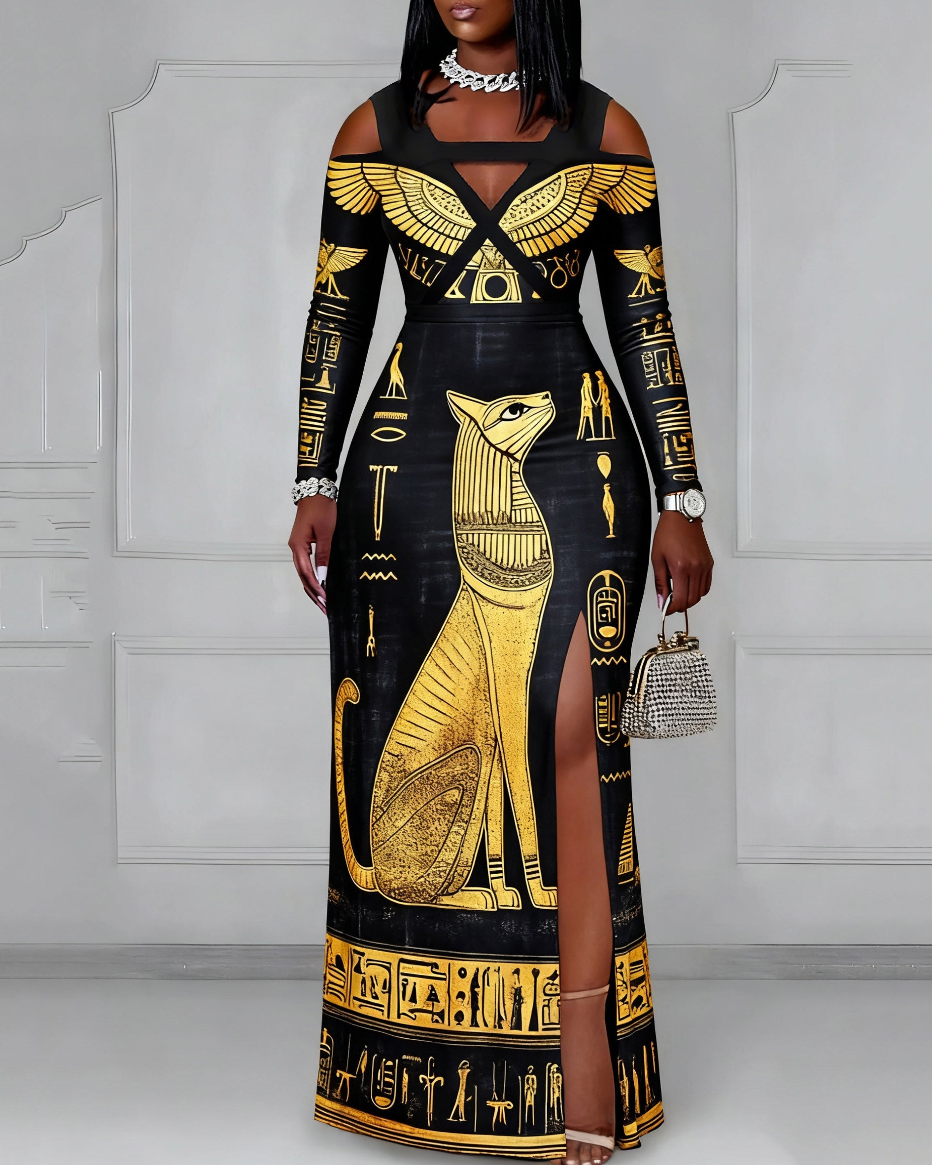 Cutout Off-shoulder V-neck Black Culture Wolf Totem Long Sleeve Bodycon Party Dress