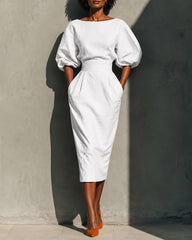 Off Shoulder Puff Sleeve High Waist Ruched Dress