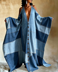 2D Denim Plaid Patchwork Off-shoulder V-neck Long Kaftan Dress