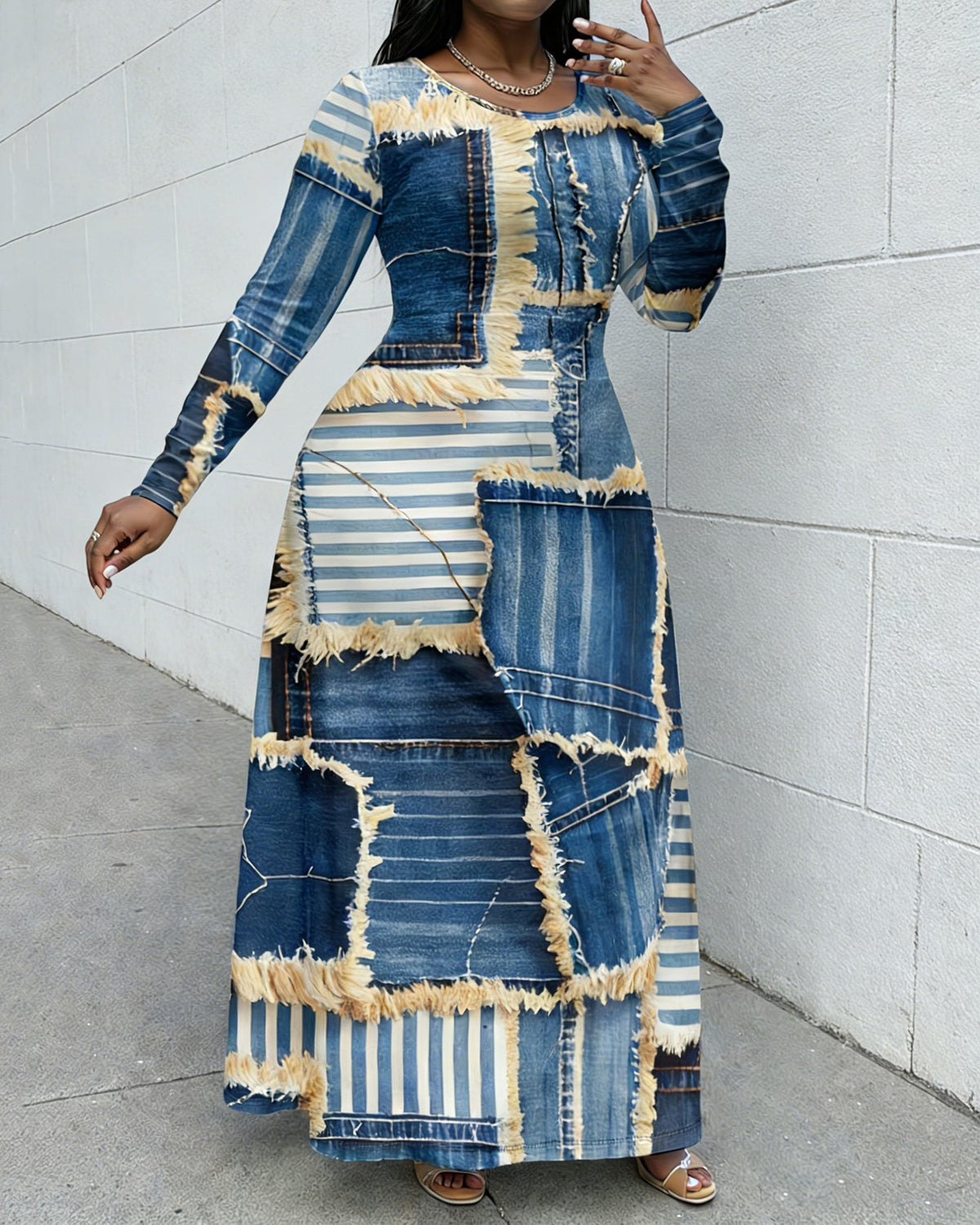 Fun Denim Patch Print Crewneck Long Sleeve Pocket Dress