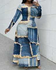 Fun Denim Patch Print Crewneck Long Sleeve Pocket Dress