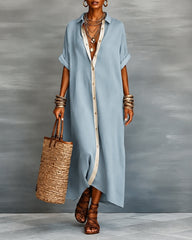 Button-down Collar Striped Color-blocked Cotton Linen Shirt Dress