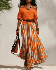 Off Shoulder Puff Sleeve Top & Striped Midi Skirt Two-Piece Set Includes Belt