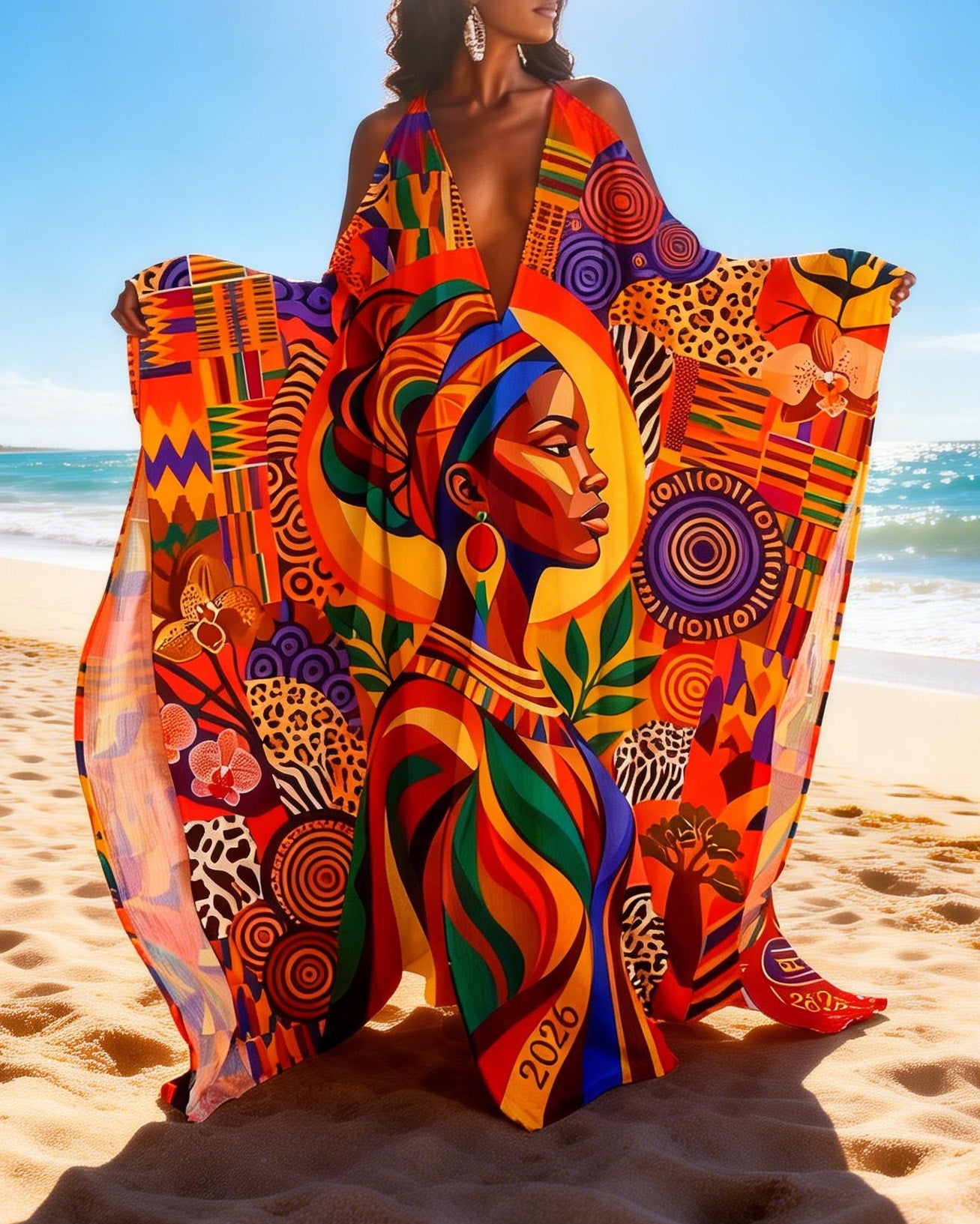 Ankara Black Queen Off-shoulder V-neck Long Kaftan Dress