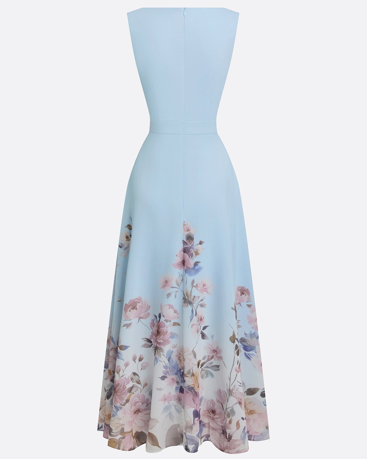 Light Blue Floral Chiffon V Neck Sleeveless A-Line Maxi Dress