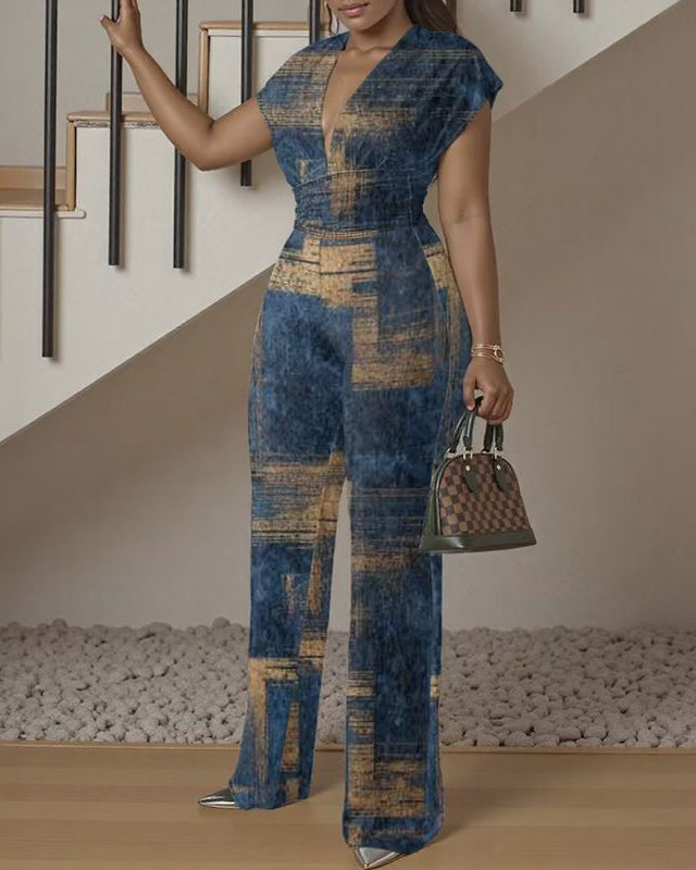 Tie-dye Denim Geometric Printing V-Neck Waist Straight Jumpsuit