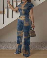 Tie-dye Denim Geometric Printing V-Neck Waist Straight Jumpsuit