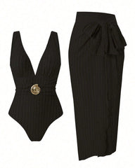 Deep V-neck Retro Swimsuit and Beach Dress Set with Seashell Buckle
