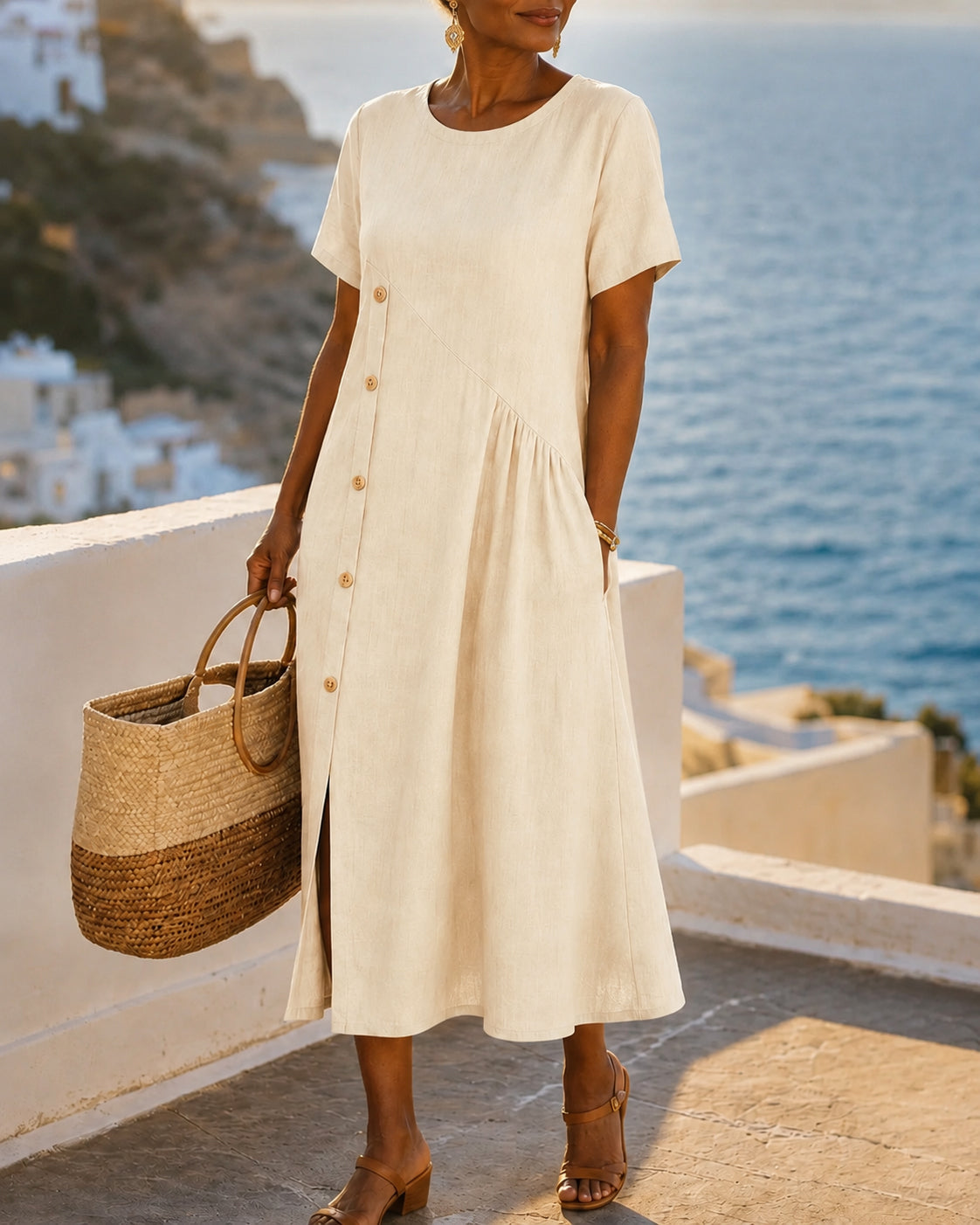 Cotton-Linen Asymmetric Button Midi Dress