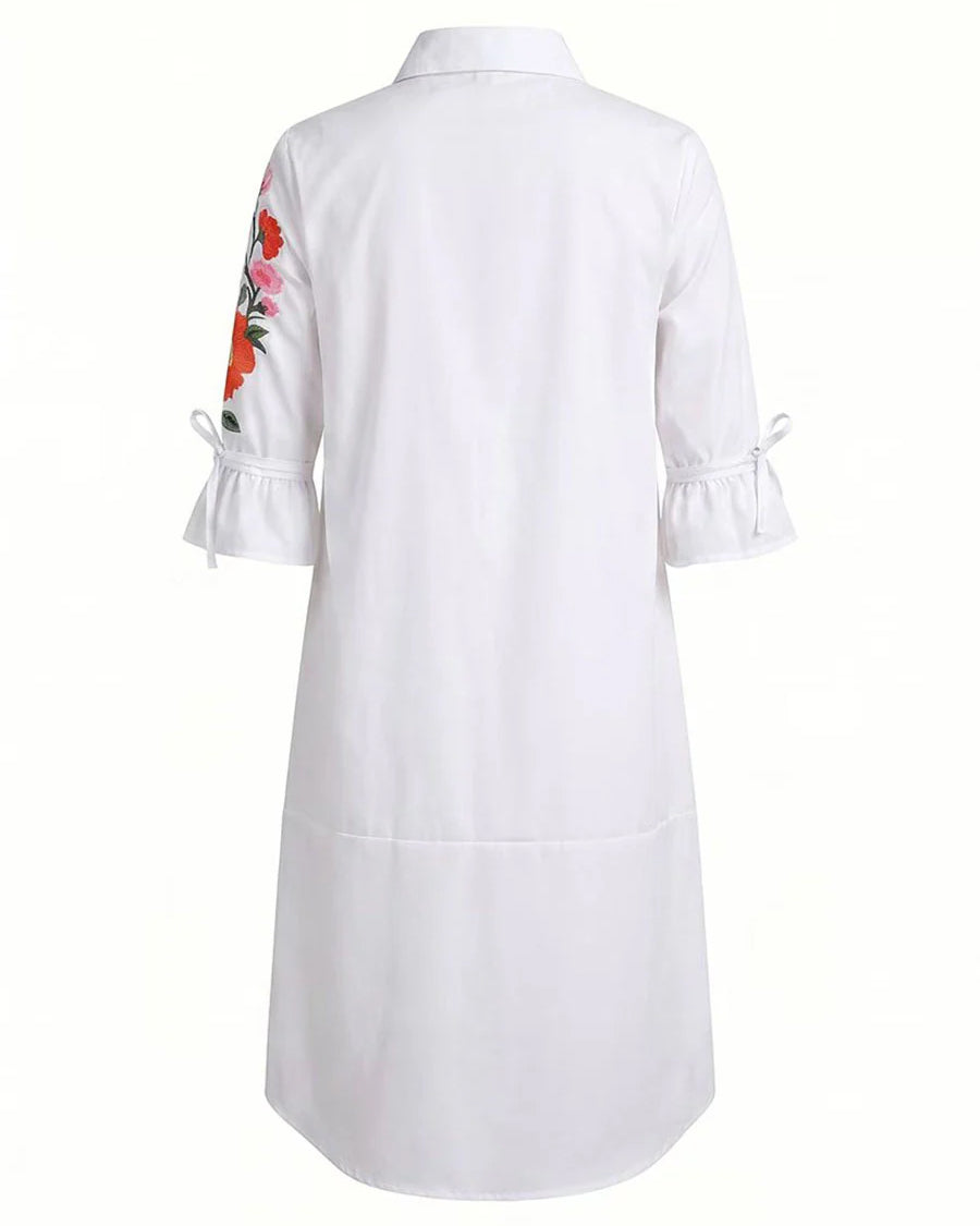 A-Line Half Sleeves Buttoned Flower Print Pockets Split-Joint Tied Lapel Midi Dresses