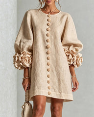 Linen Blend Flowers Button Down Floral Cuffs Half Sleeve Mini Dress