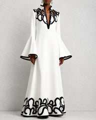 Flared Sleeves Loose Contrast Color Hollow Stand Collar Maxi Dresses