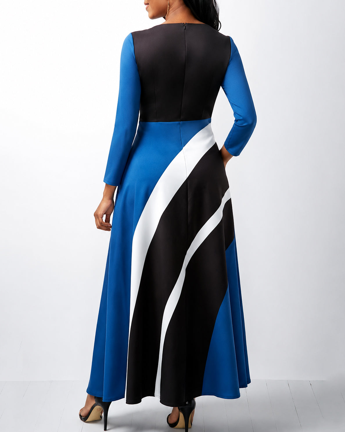 Color-blocked Striped Print Long Sleeve Maxi Dress