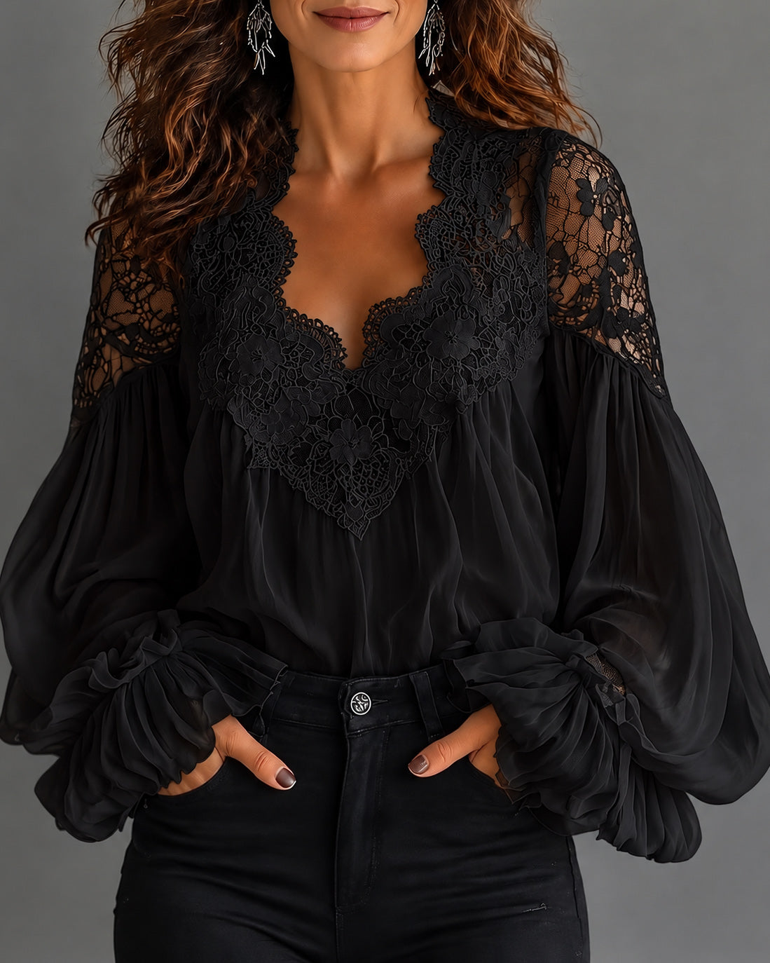 U-neck Puff Sleeve Pleated Lace-trimmed Blouses