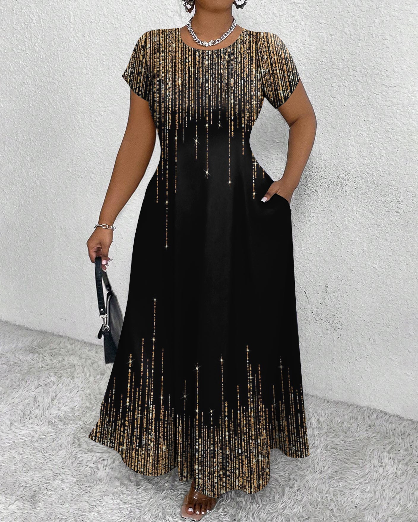 Elegant Glitter Print Round Neck Short Sleeve Maxi Dress