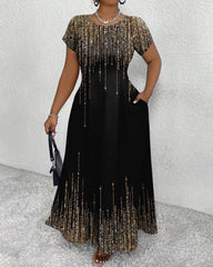 Elegant Glitter Print Round Neck Short Sleeve Maxi Dress