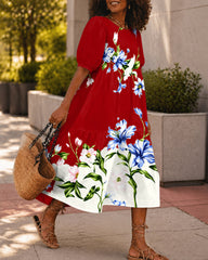 Contrast Color Flower Print Round Neck Puff Sleeve Loose Spliced Midi Dress