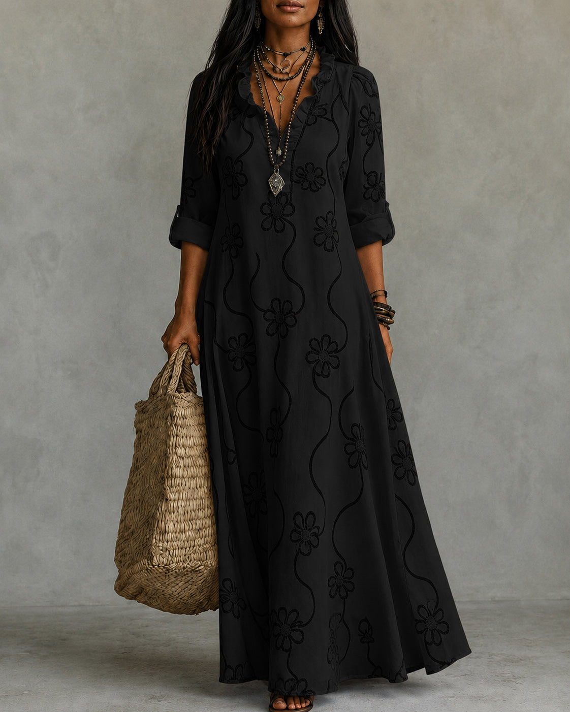 Fashionable Lace Cotton Linen Floral Print Dress