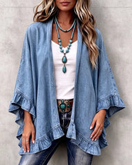 Chic Boho Denim Ruffle Trim Cardigan