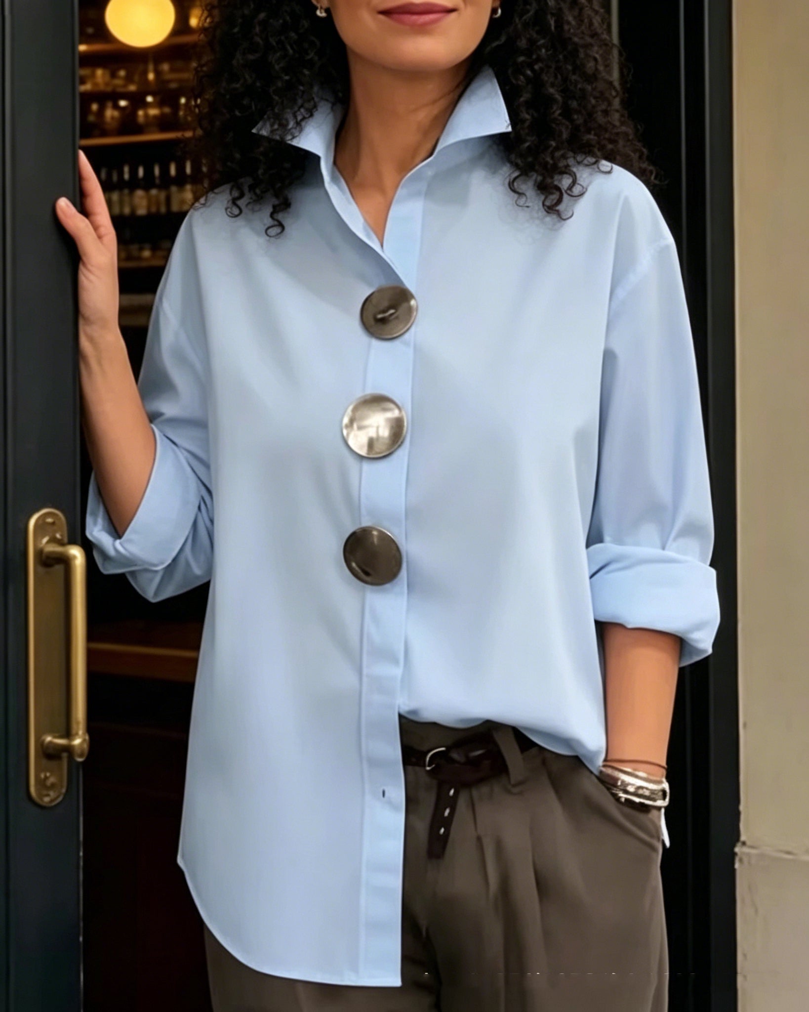 Solid Color Stand Collar Long Sleeve Shirt with Metal Buttons