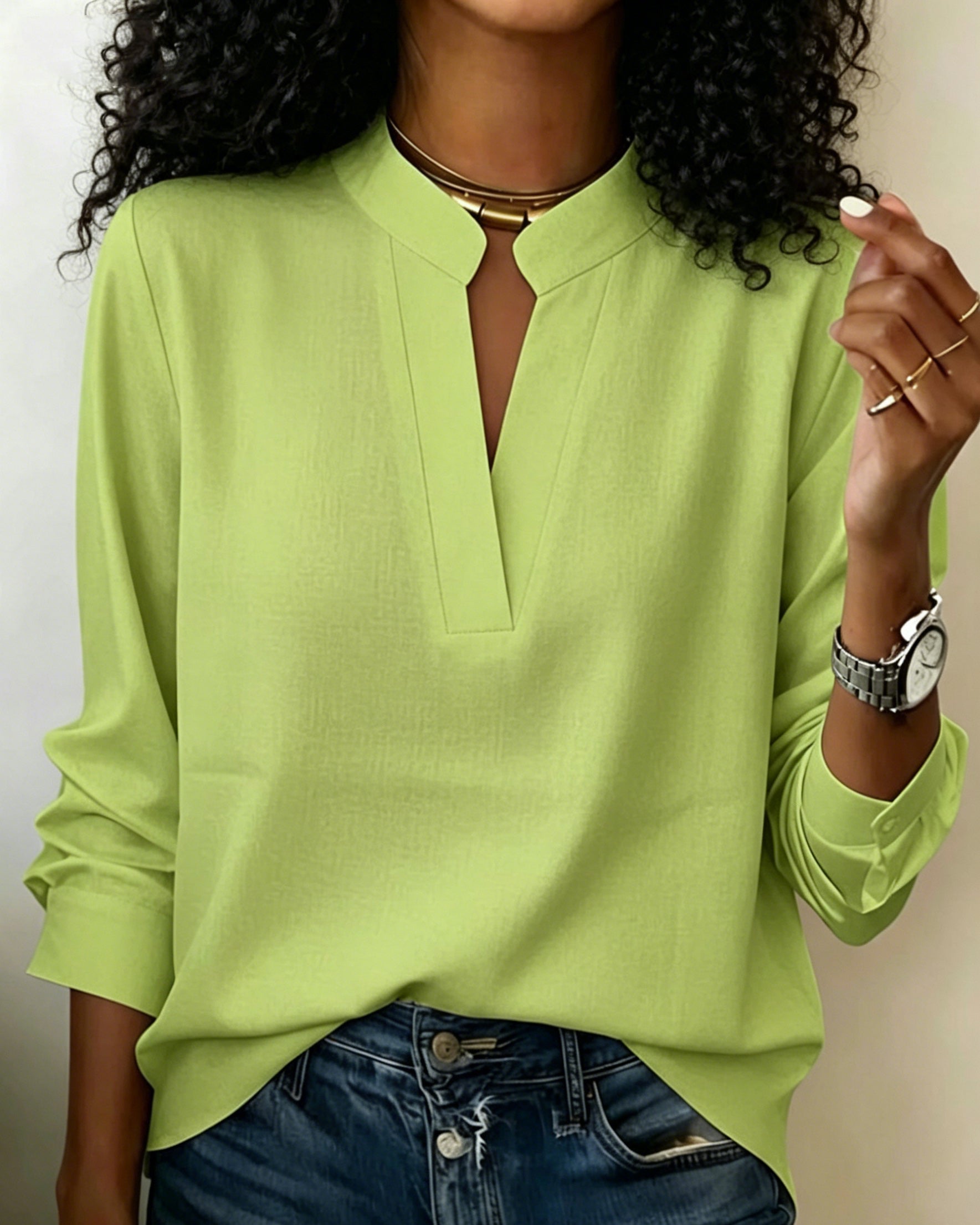 Solid Color Minimalist V-Neck Cotton Shirt