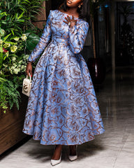 Elegant Floral Jacquard Long Sleeve Round Neck A‑Line Maxi Dress