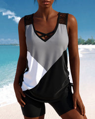Cross-neck Tank Top and Swim Trunks Two-piece Set