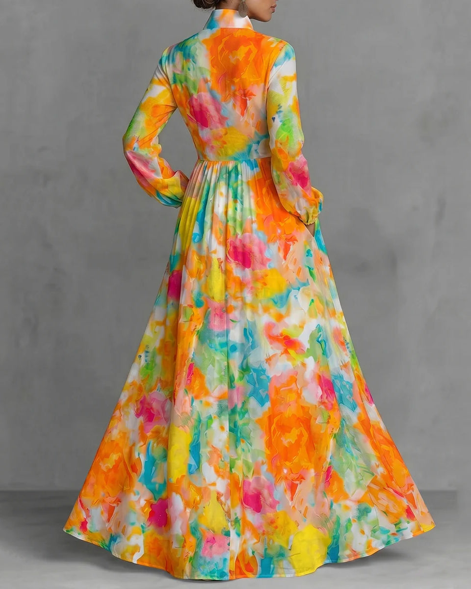 Long Sleeves Buttoned Contrast Color Pleated Pockets Printed Lapel Maxi Dresses Shirt Dress