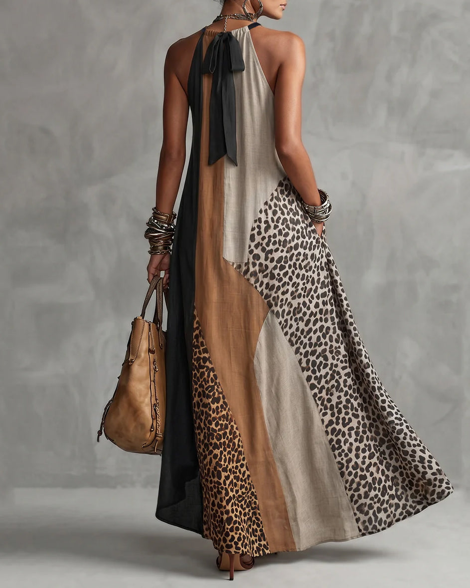 Loose Sleeveless Asymmetric Contrast Color Leopard Pockets Split-Joint Halter-Neck Maxi Dresses
