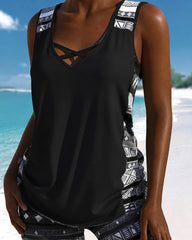 Cross-neck Tank Top and Swim Trunks Two-piece Set