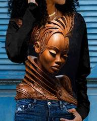 Elegant Wooden Black Women's Art Crew Neck Long-sleeved T-shirt