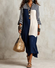 Elegant Striped Patchwork 3/4 Sleeve Shirt Dress