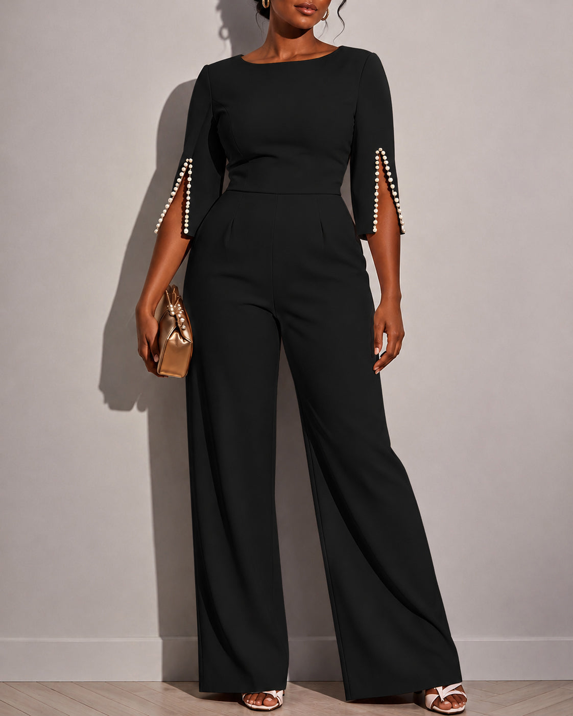 Women's Round Neck Pearl Sleeve Wide-leg High-waisted Jumpsuit