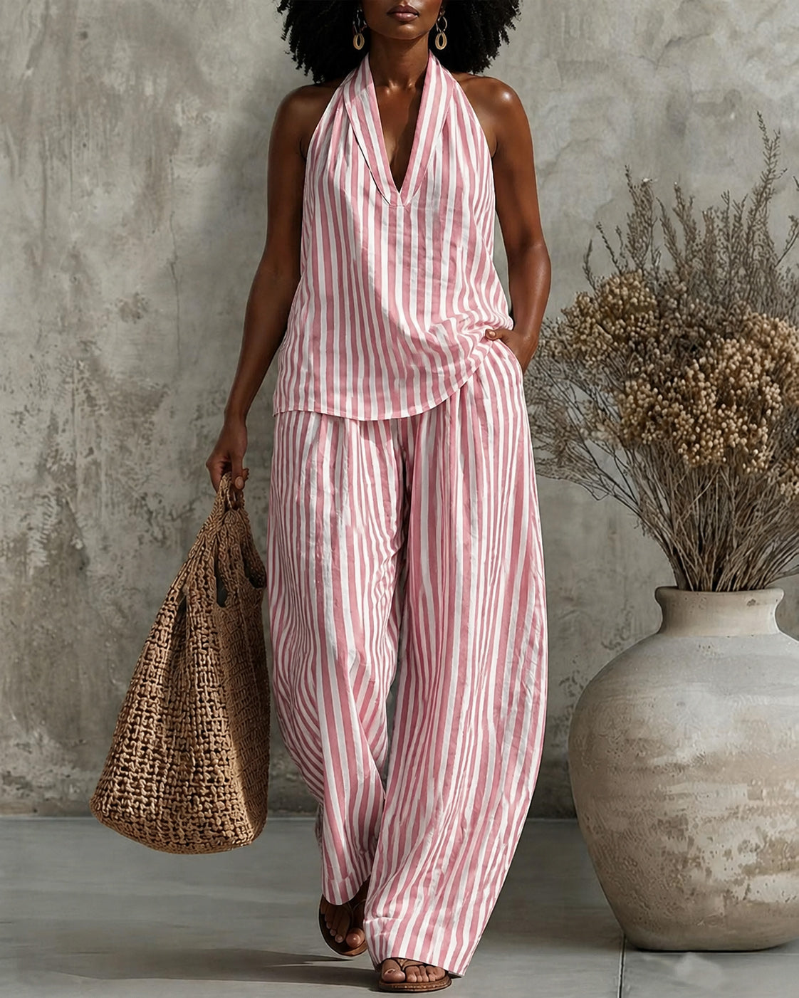 Simple Vertical Stripes V-neck Cotton Linen Vest and Wide-leg Pants Two-piece Set