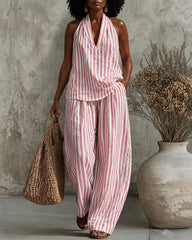 Simple Vertical Stripes V-neck Cotton Linen Vest and Wide-leg Pants Two-piece Set