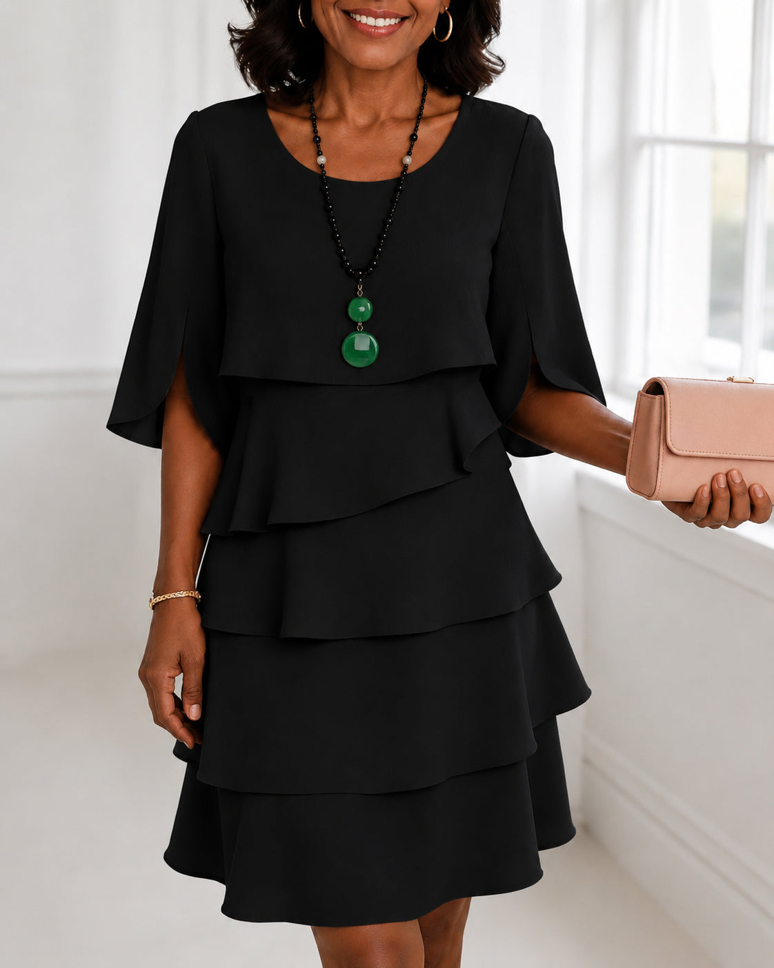 Round Neck Elegant Layered Ruffle Dress
