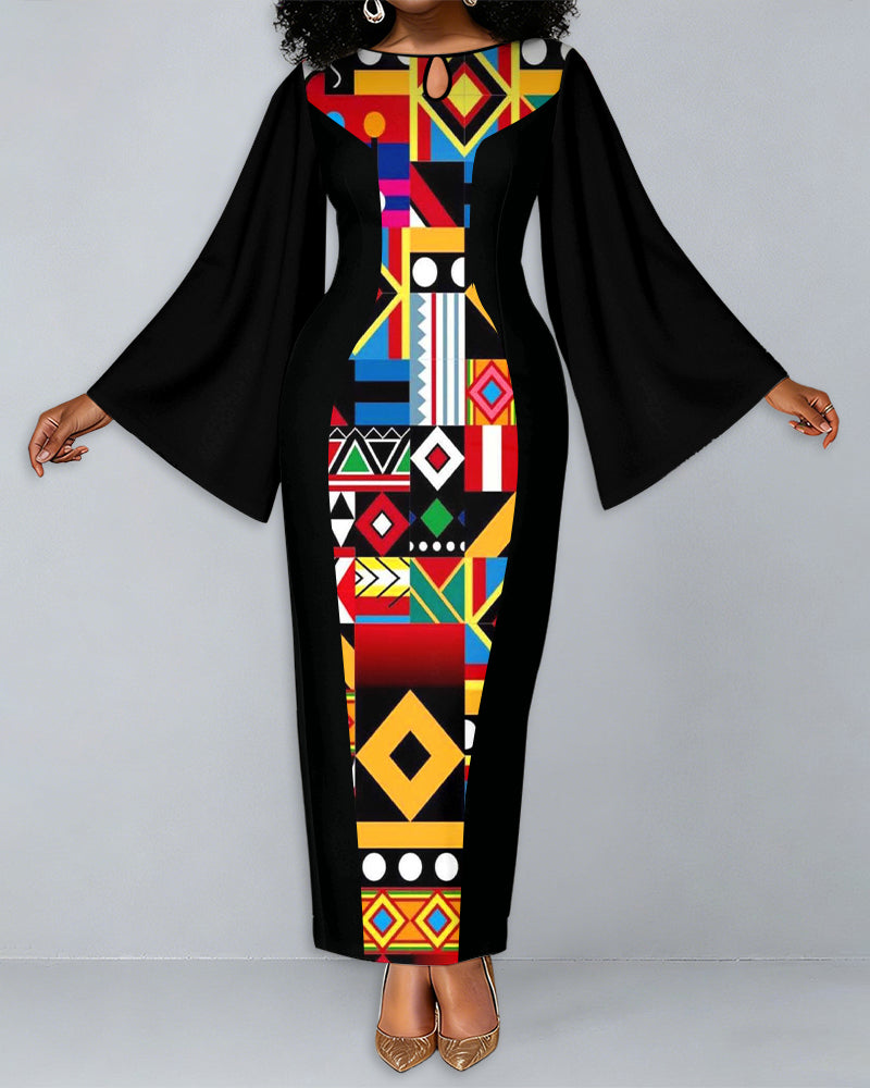Colorful Geometric Patterns Round Neck Bell Sleeve Bodycon Long Dress