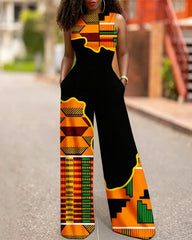Geometric Patchwork Print High Waist Wide-leg Women's Two-piece Set