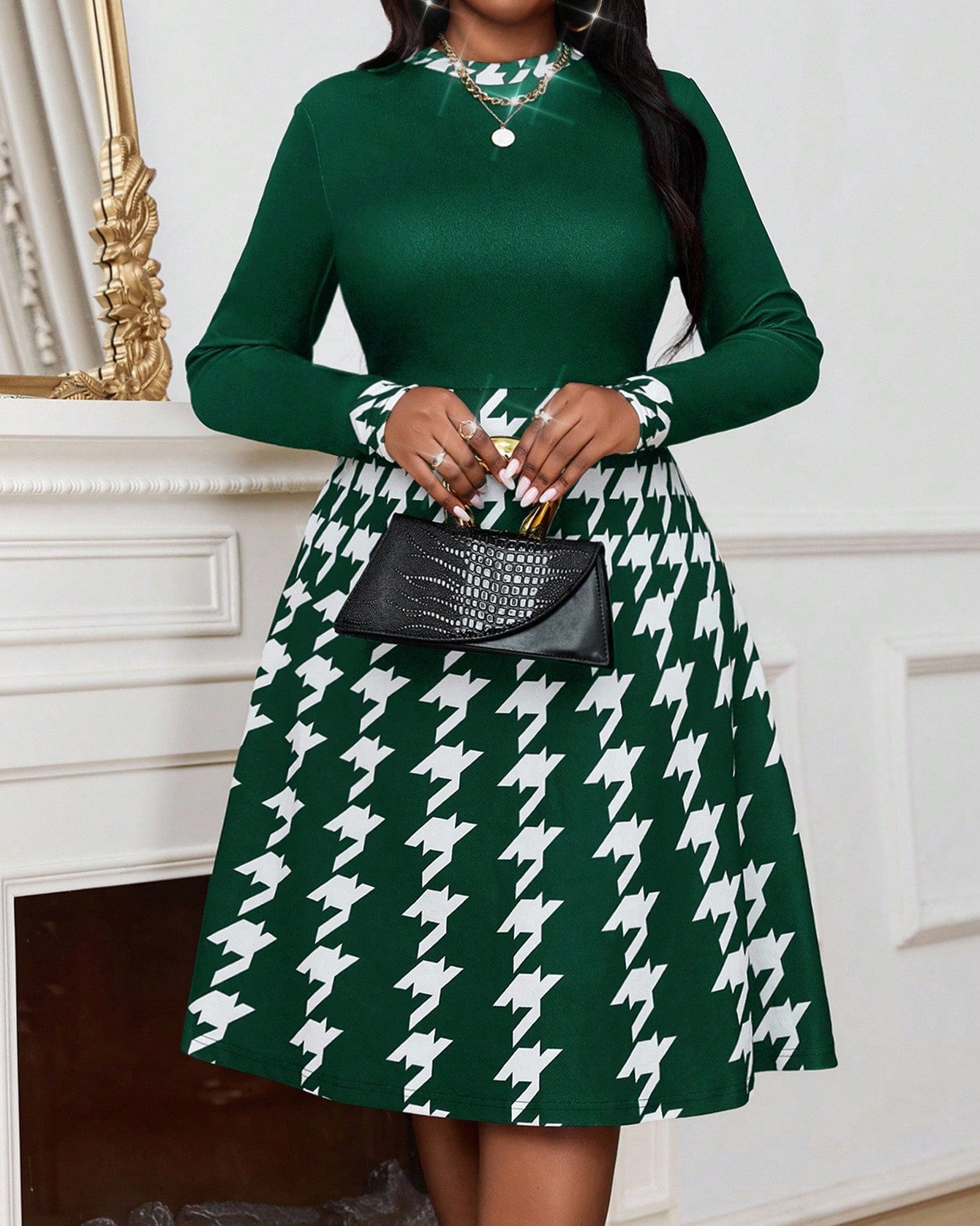 Houndstooth Print Round Neck Long Sleeves Midi Dress