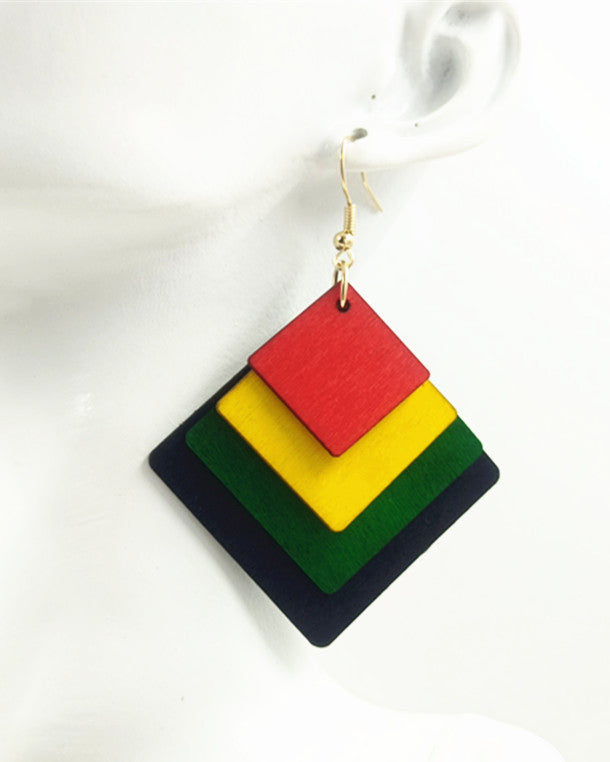 Square Multicolor Wood Slice Cut Earrings