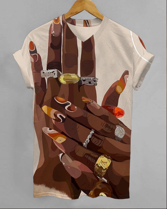 Ring Nail Art V-neck Short Sleeve Tshirt