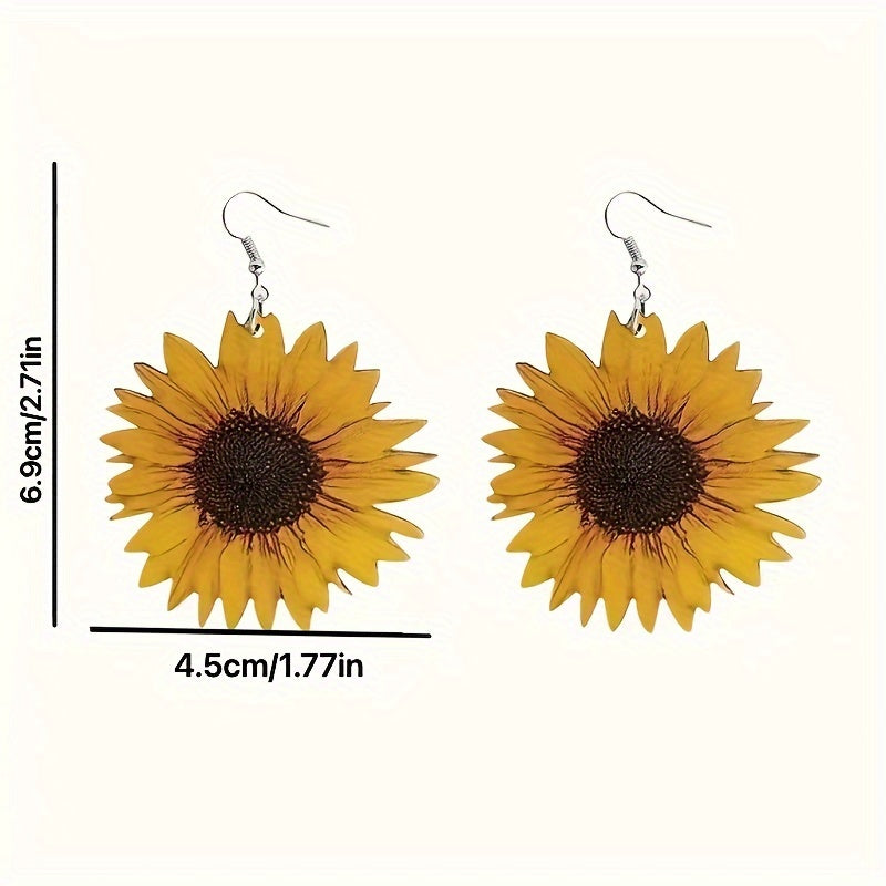 Exaggerated Wooden Sunflower Pattern Earrings