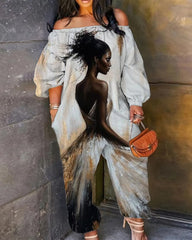 Black Art Oil Painting Retro One-shoulder Jumpsuit
