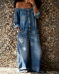 Women's Casual Long-sleeved Washed Cotton Denim Jumpsuit