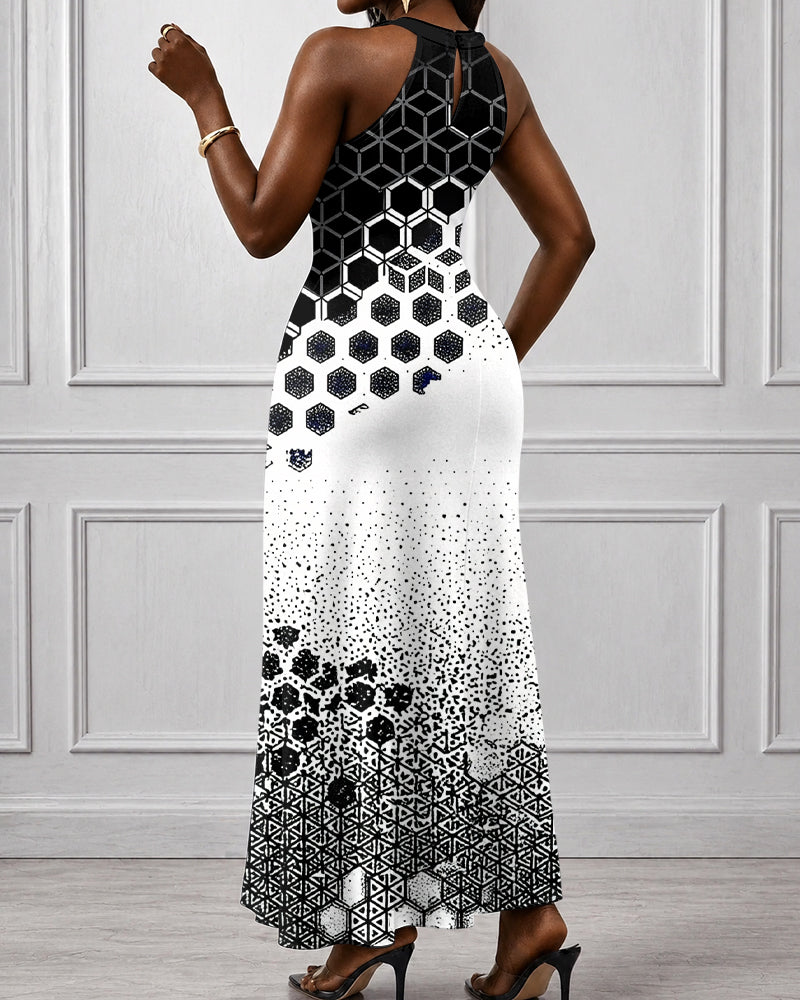 Black and White Geometric Patterns Hollow-out Halter Neckline Bodycon Maxi Dress